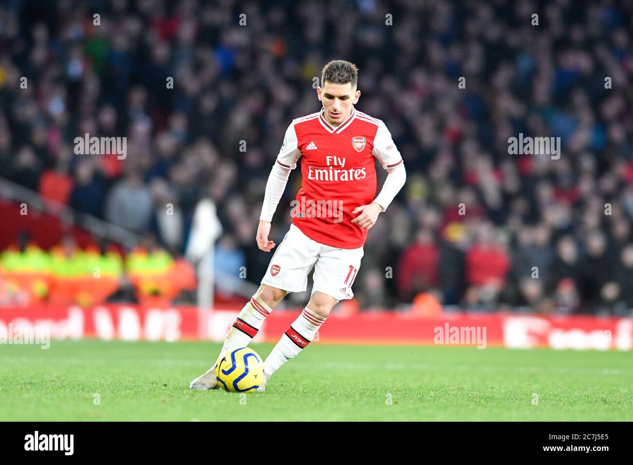 18th January 2020, Emirates Stadium, London, England; Premier League, Arsenal v Sheffield United : Lucas Torreira (11) of Arsenal with the ball at his feet Credit: Simon Whitehead/News Images Stock Photo