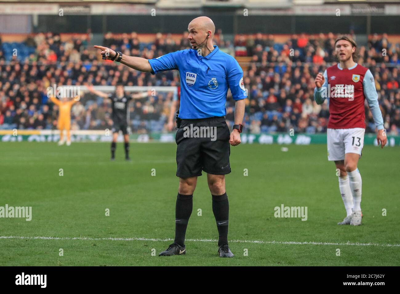 19th January 2020, Turf Moor, Burnley, England; Premier League, Burnley v Leicester City : referee Anthony Taylor   gives Harvey Barnes (15) of Leicester City a penalty after Ben Mee (6) of Burnley brings him down In the area  Credit: Mark Cosgrove/News Images Stock Photo