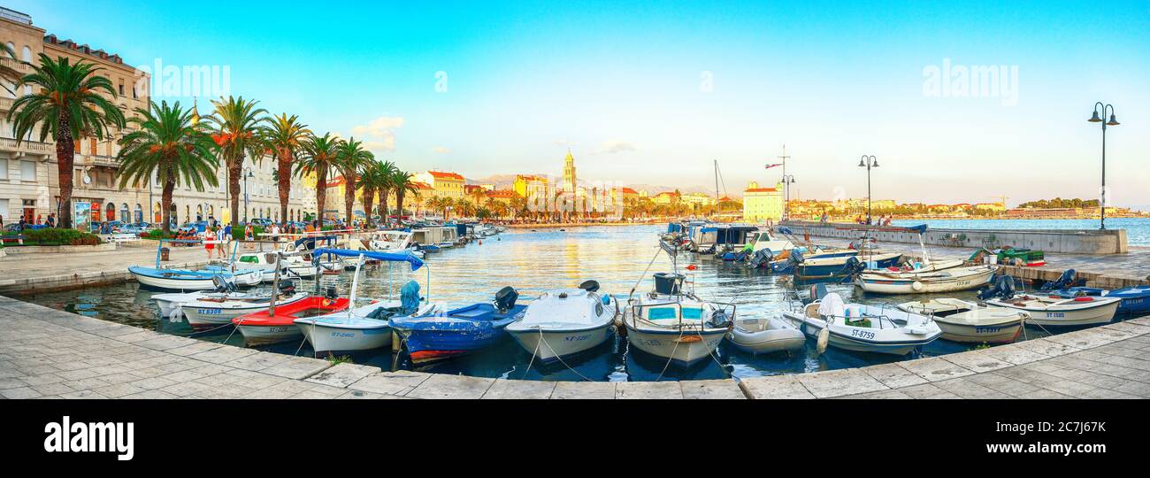 City center, cathedral tower, boats and yachts in marina of Split ...