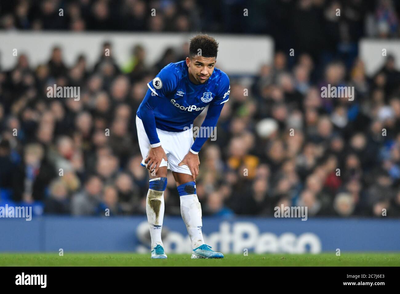 21st January 2020, Goodison Park, Liverpool, England; Premier League, Everton v Newcastle United : Mason Holgate (2) of Everton takes a moment to catch his breath during the game Stock Photo