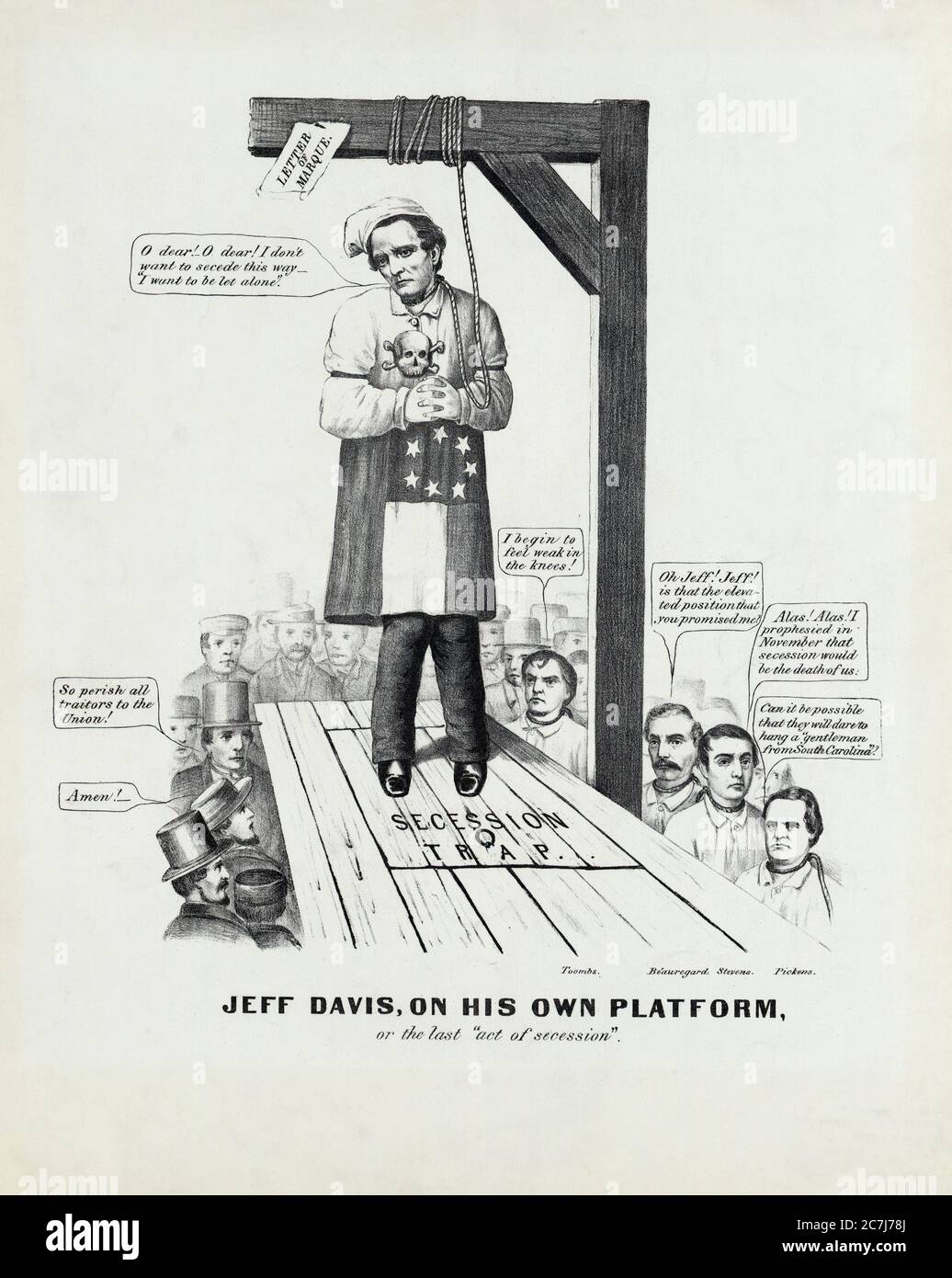 Jeff Davis on his own platform; or the last 'Act of Secession' Political Cartoon, Currier & Ives, 1861 Stock Photo