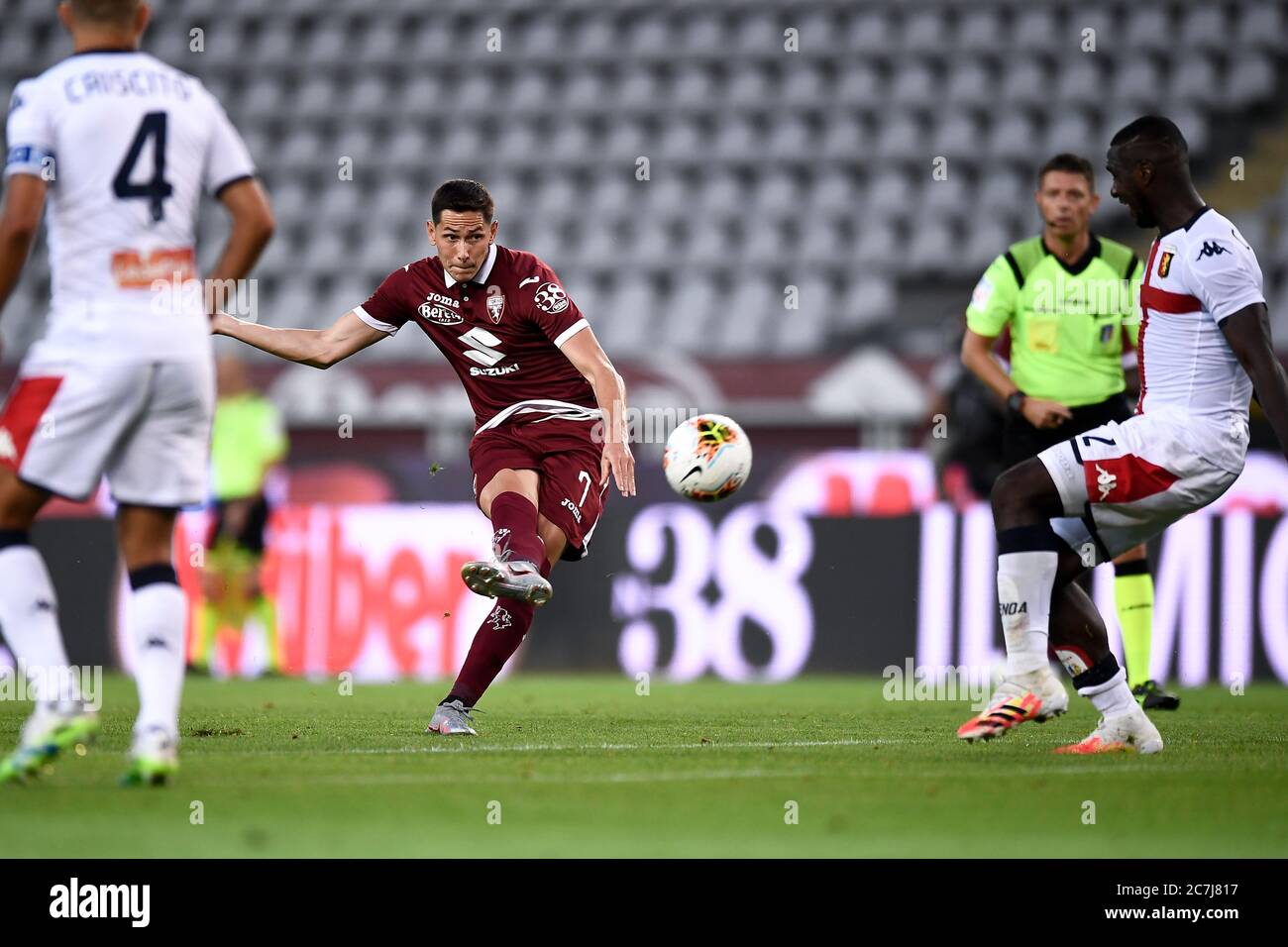 Turin, Italy - 16 July, 2020: Sasa Lukic of Torino FC scores a goal during the Serie A football match between Torino FC and Genoa CFC. Torino FC won 3-0 over Genoa CFC. Credit: Nicolò Campo/Alamy Live News Stock Photo