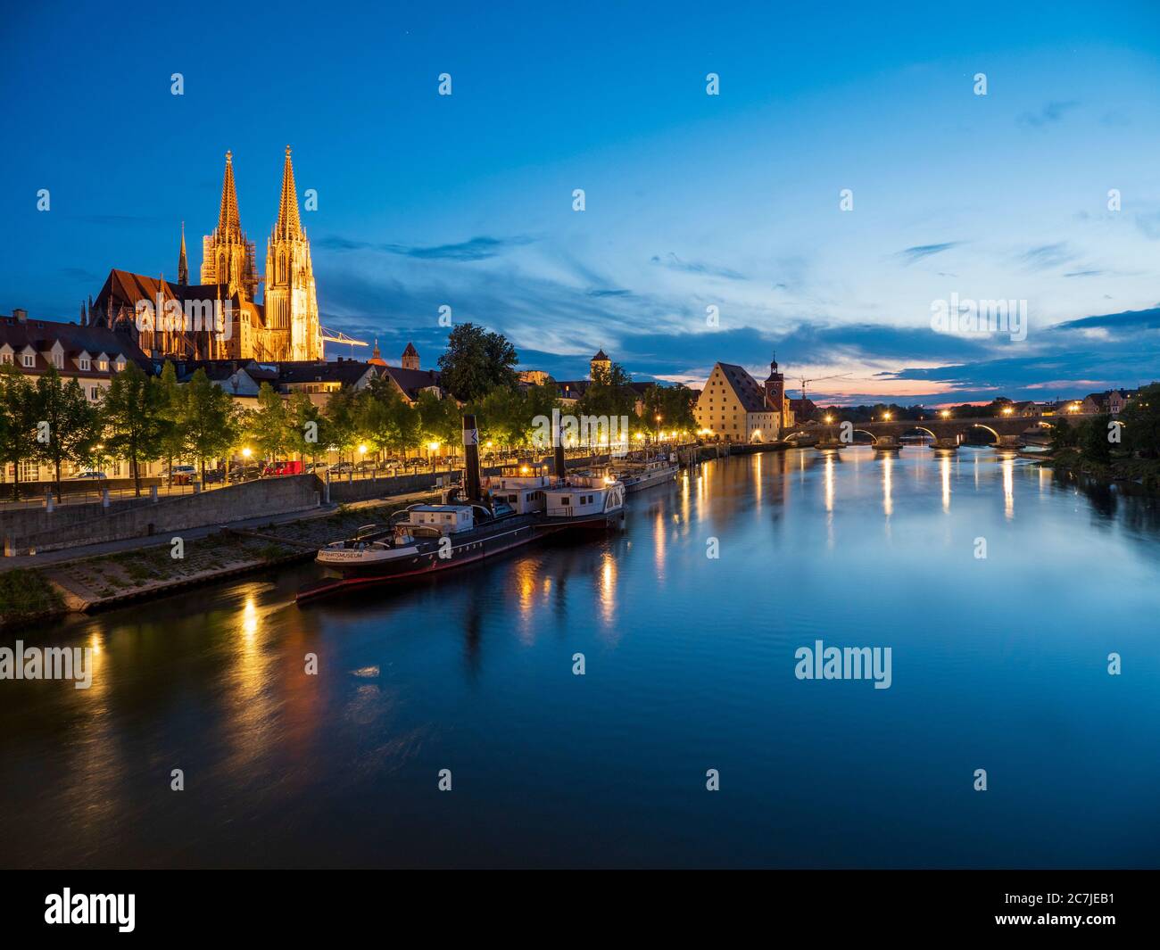 Regensburg, old town, dusk, cathedral, stone bridge, Danube, Bavaria, Germany Stock Photo