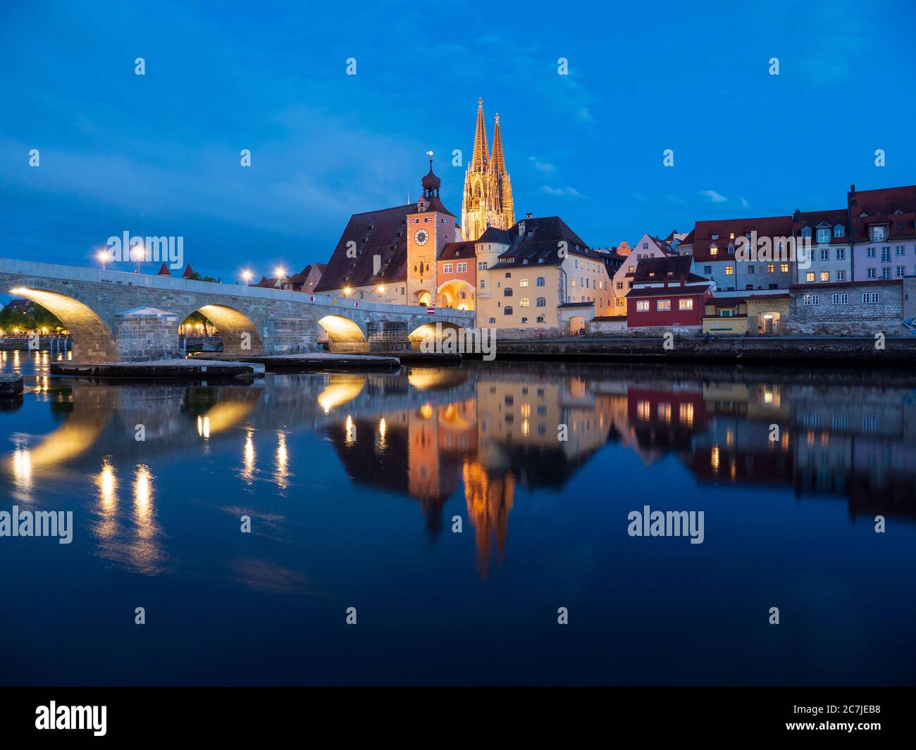 Regensburg Old Town Dusk Cathedral Bridge Tower Stone Bridge