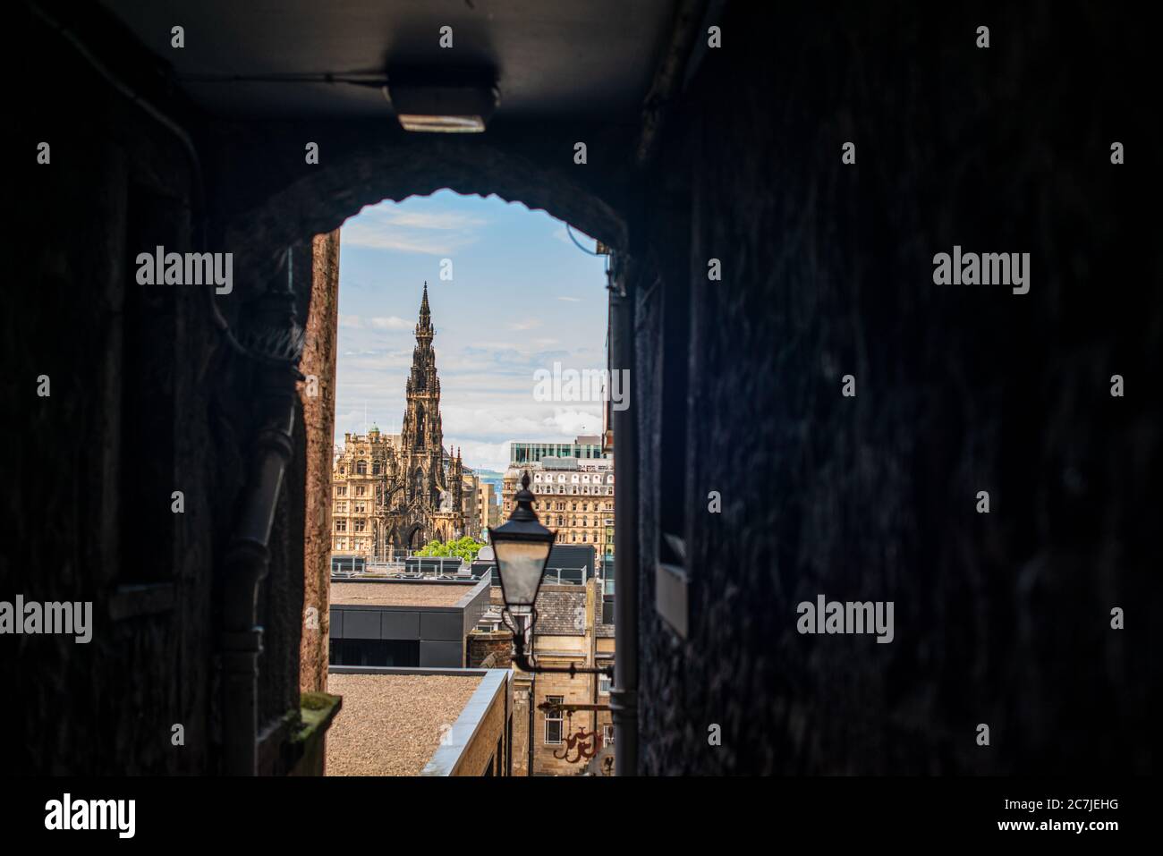 Looking through Advocate’s Close, from High Street on the Royal Mile towards Scott Monument Stock Photo