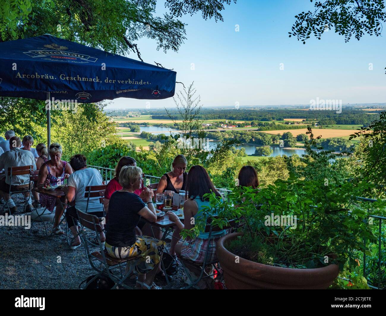 Terrace mountain inn 'Zur beautiful view', Bogen, Danube, Bavaria, Germany Stock Photo
