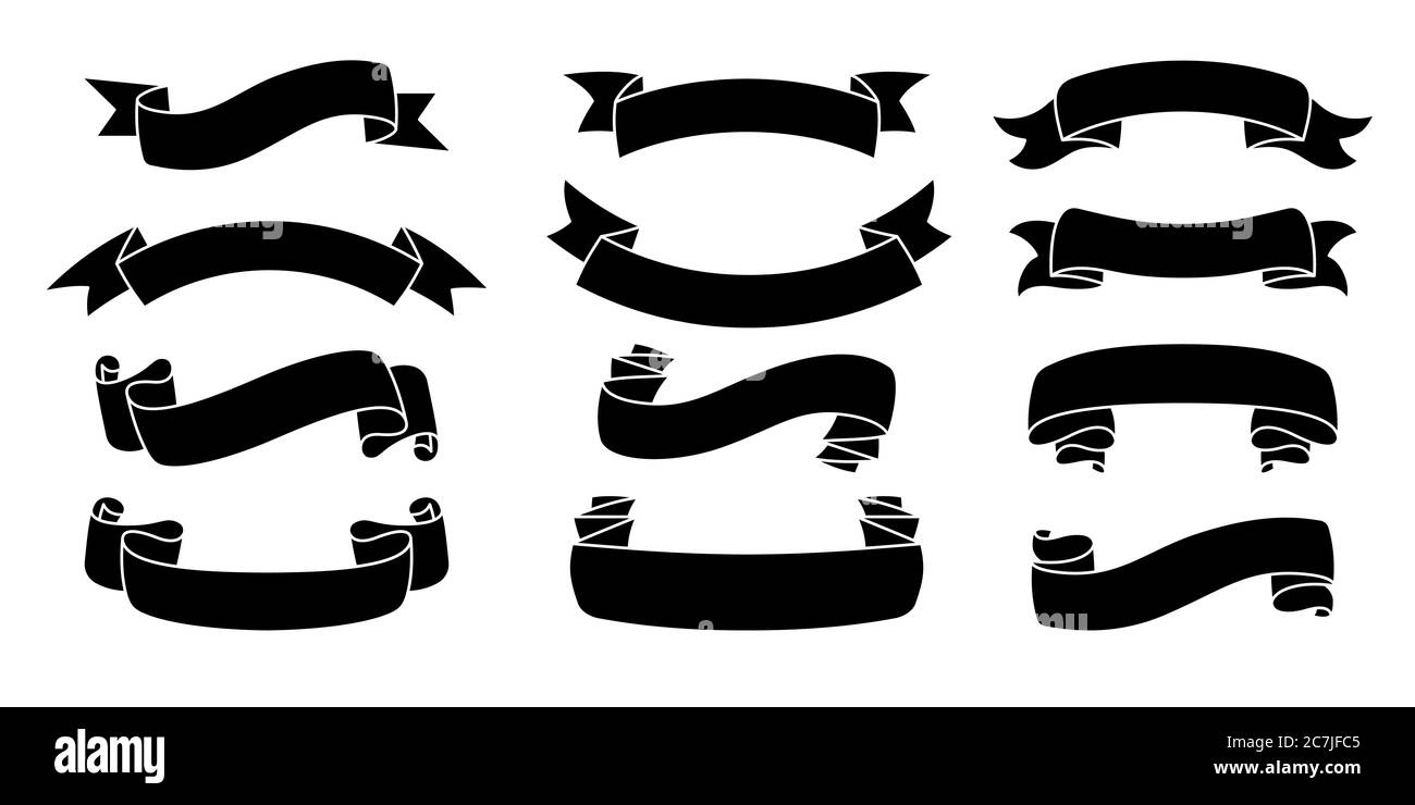 Ribbon hand drawn set. Tape black silhouette collection, decorative