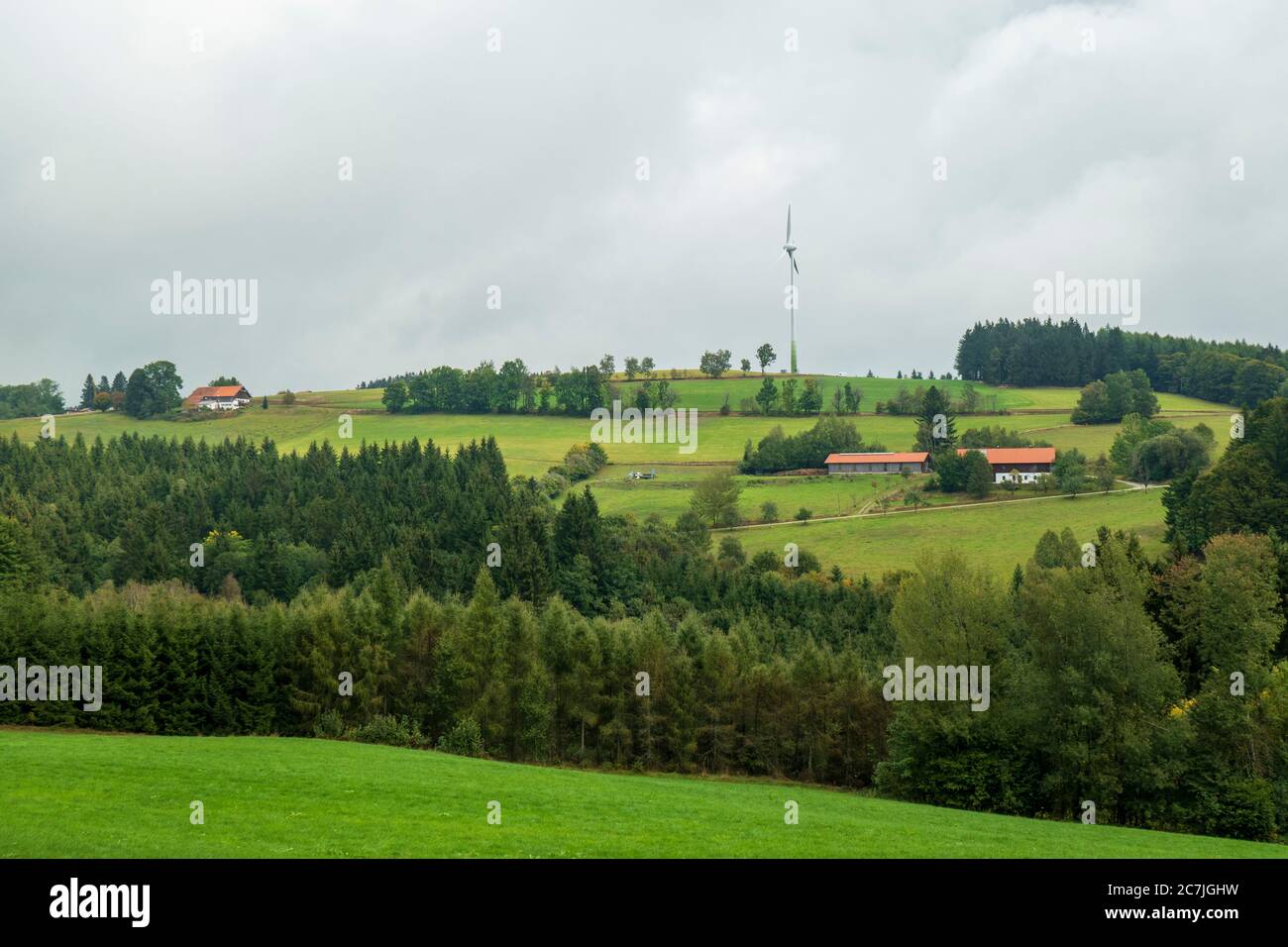 Landscape and wind power plant, near Reischlhof between Sonnen and Wegscheid, Bavarian Forest, Bavaria, Germany Stock Photo