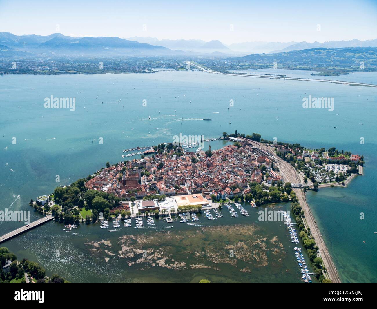 Lindau island in Lake Constance, view towards the Rhine valley Stock Photo