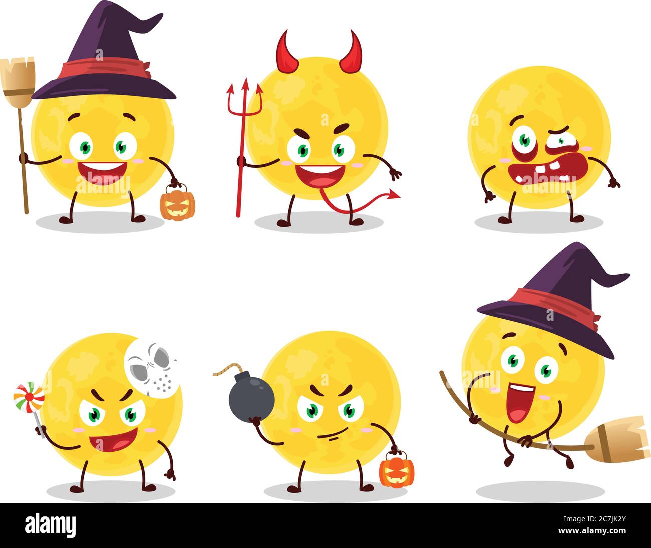 Halloween expression emoticons with cartoon character of yellow moon ...