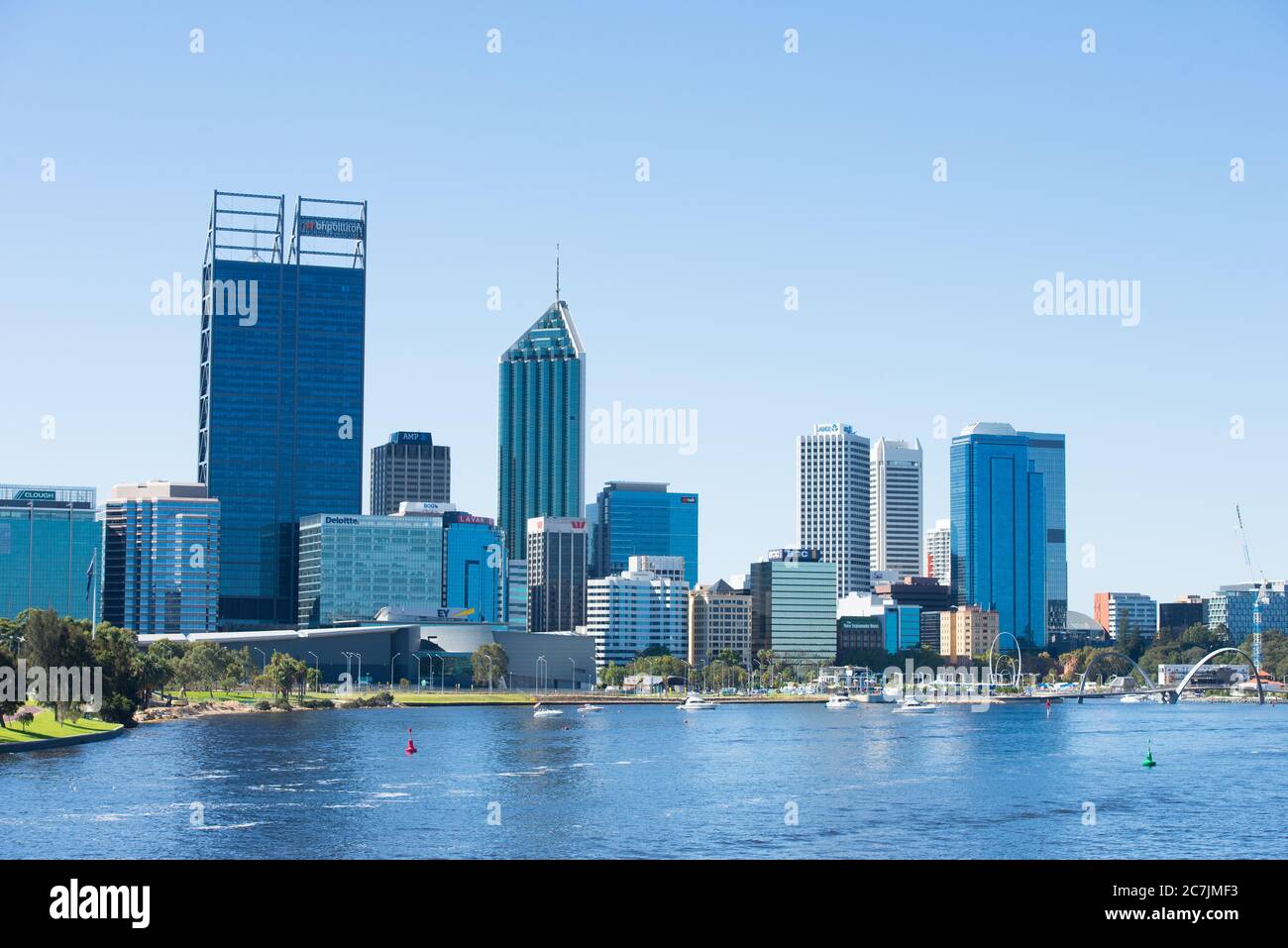 April 2, 2017: Scenic skyline of Perth, capital of Western Australia at the Swan River, with many people spending their free time on or at the water. Stock Photo