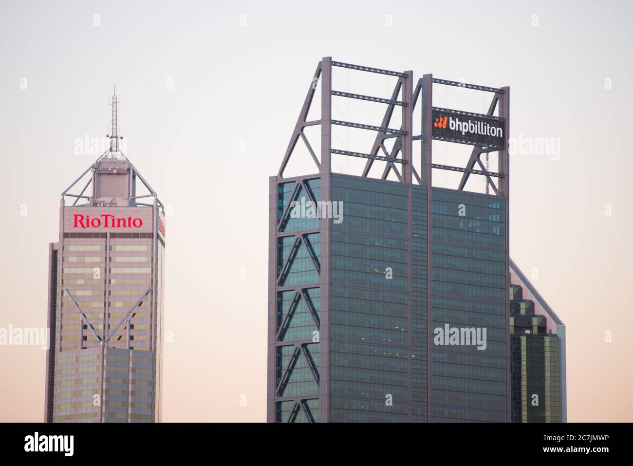 Perth, Australia; April 9, 2017: Regional headquarters of mining companies Rio Tinto and BHP Biliton in Perth, capital of Western Australia, at sunset Stock Photo