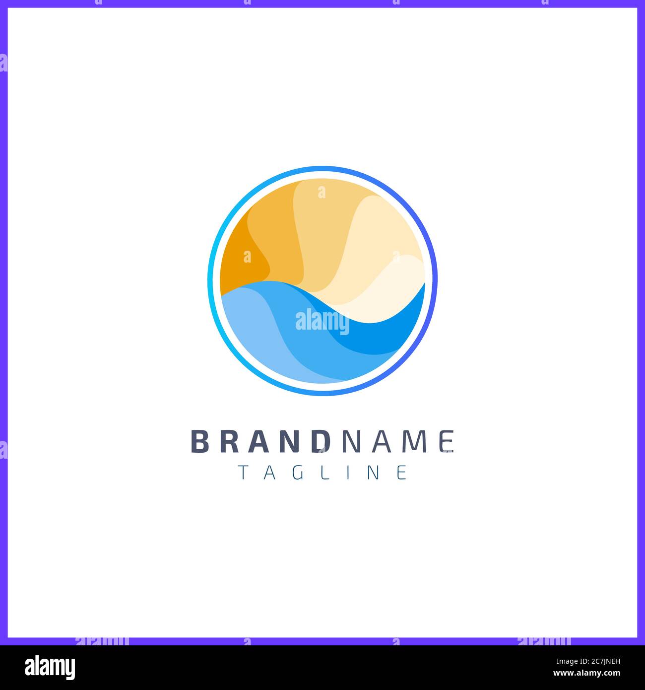 Ocean waves with sun in circle with flat color. Simple and modern logo ...