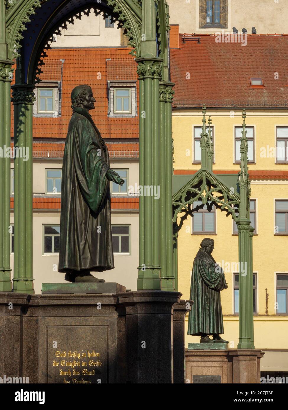 Luther and Melanchton monuments, Lutherstadt Wittenberg, UNESCO World Heritage, Saxony-Anhalt, Germany Stock Photo