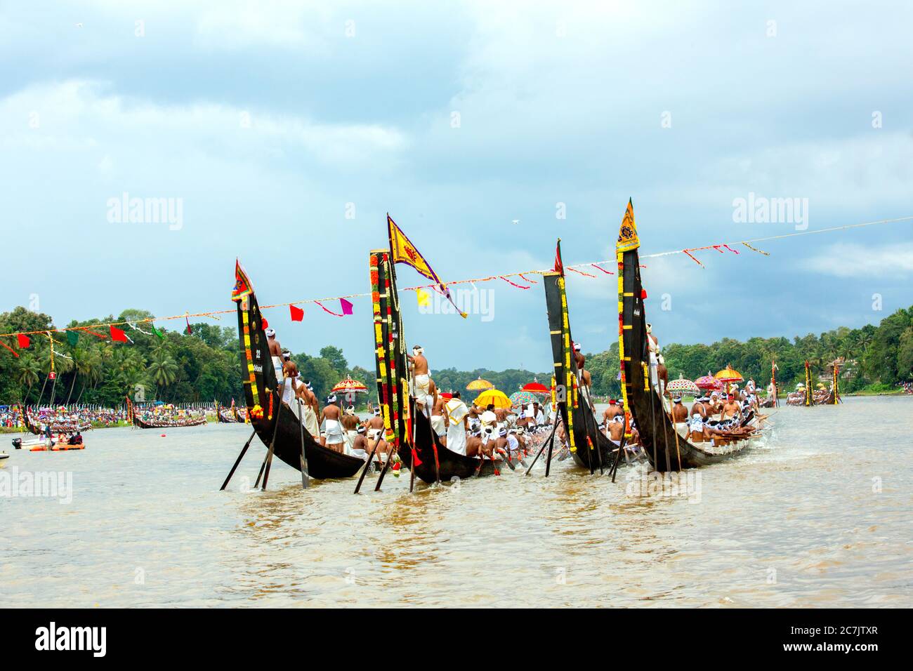 decorated boats also called palliyodam and rowers from Aranmula Boat Race,the oldest river boat fiesta in Kerala,Aranmula,India,pradeep subramanian Stock Photo