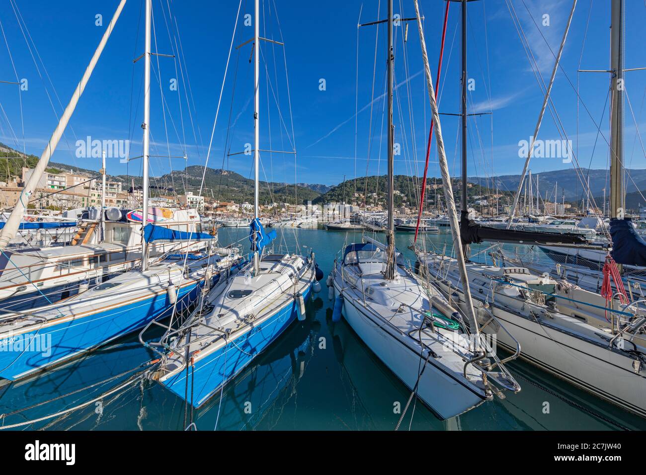 Sailing boats in the port of Port de Sóller, Mallorca island Stock