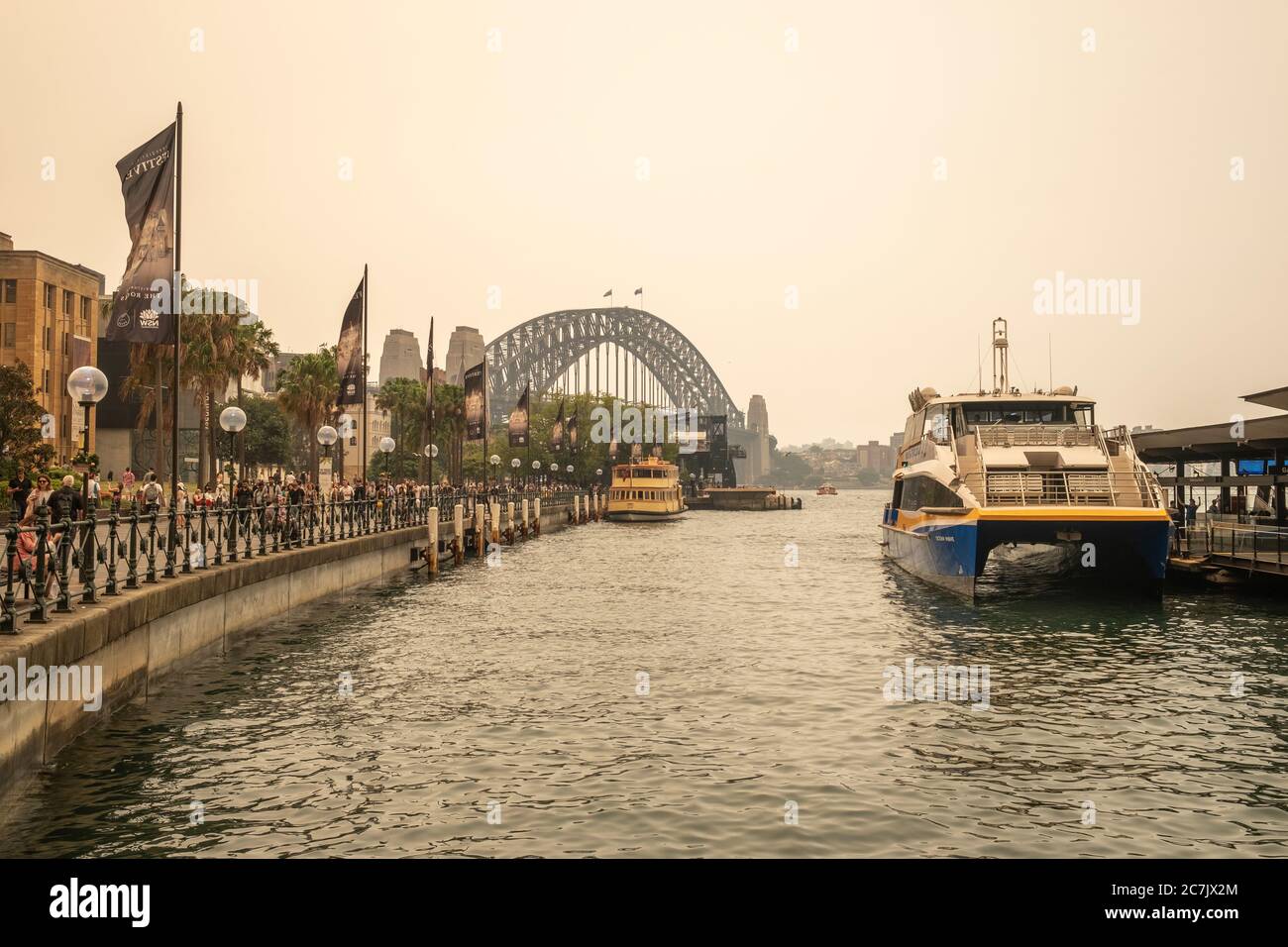 SYDNEY, AUSTRALIA - Dec 06, 2019: View from Circular Quay on the pollution affecting Sydney city. One of the most severe bush fires in NSW history aff Stock Photo