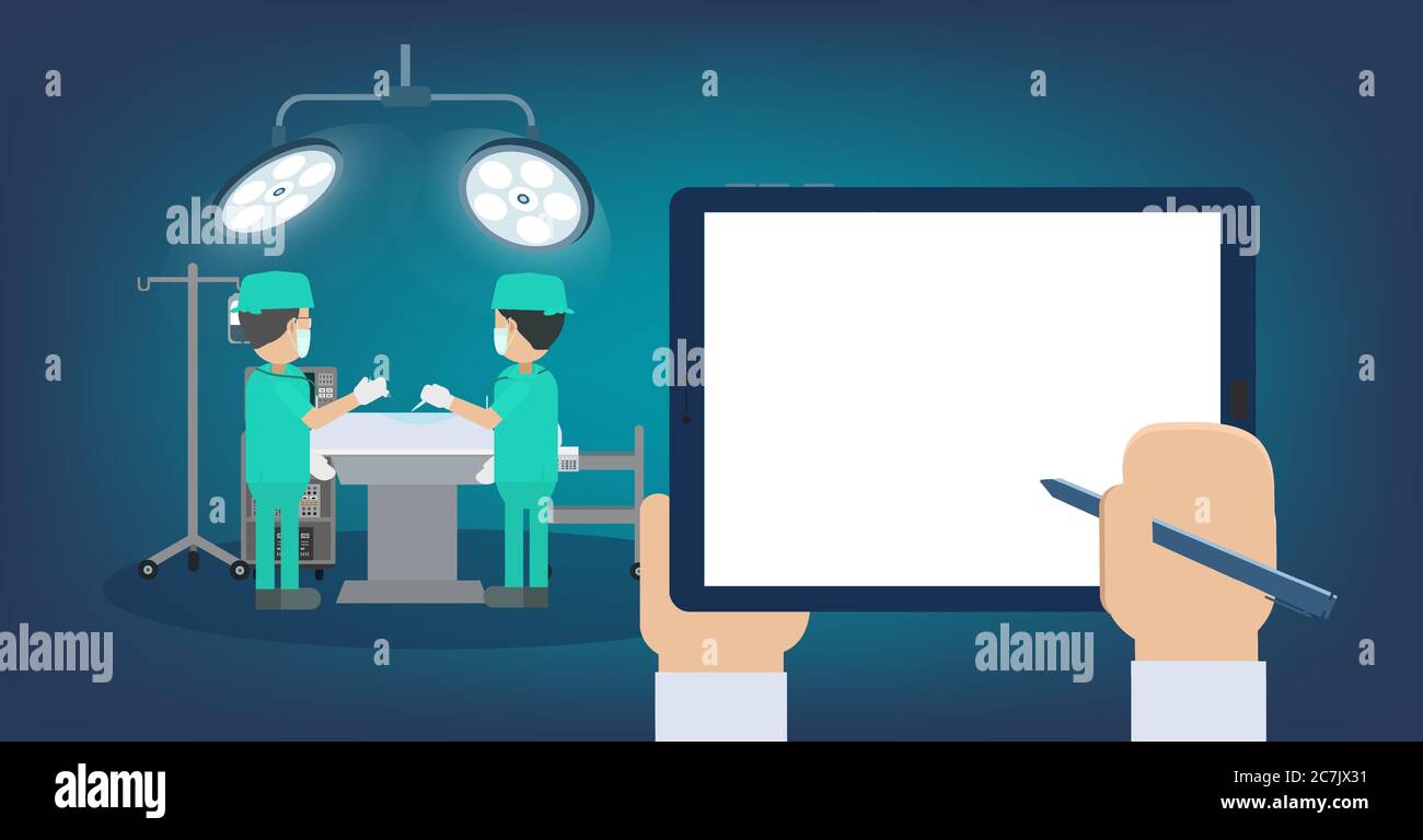 Surgeon in surgery room with blank tablet flat design vector illustration Stock Vector