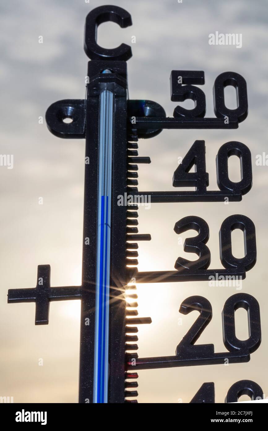 Outdoor thermometer, 40 degrees Celsius, symbol, climate change, Stock Photo