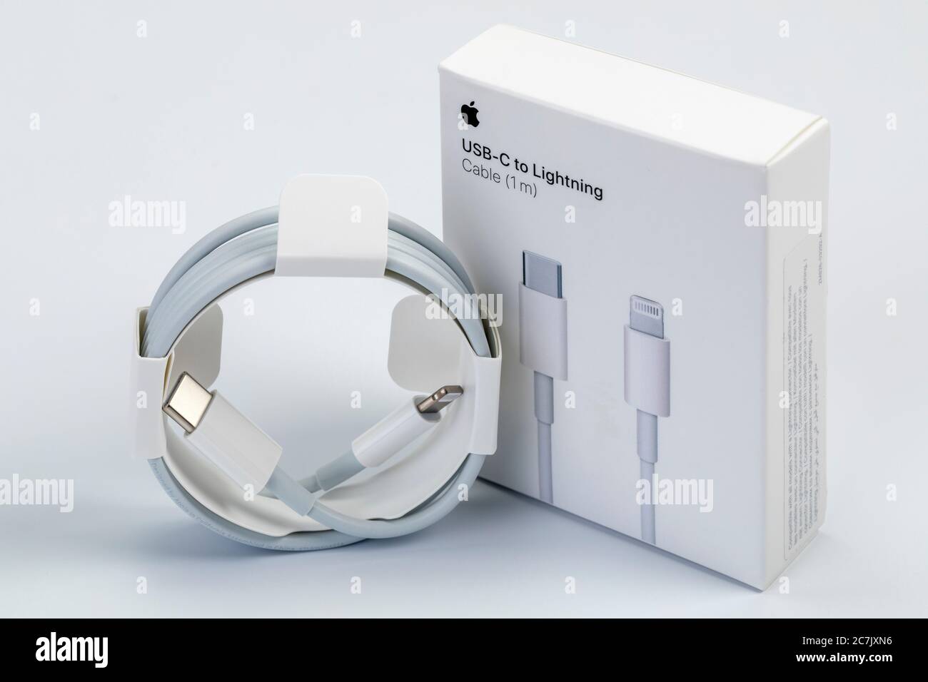 Apple USB-C on Lightning cable, original packaging, syncing, charging, white background, Stock Photo