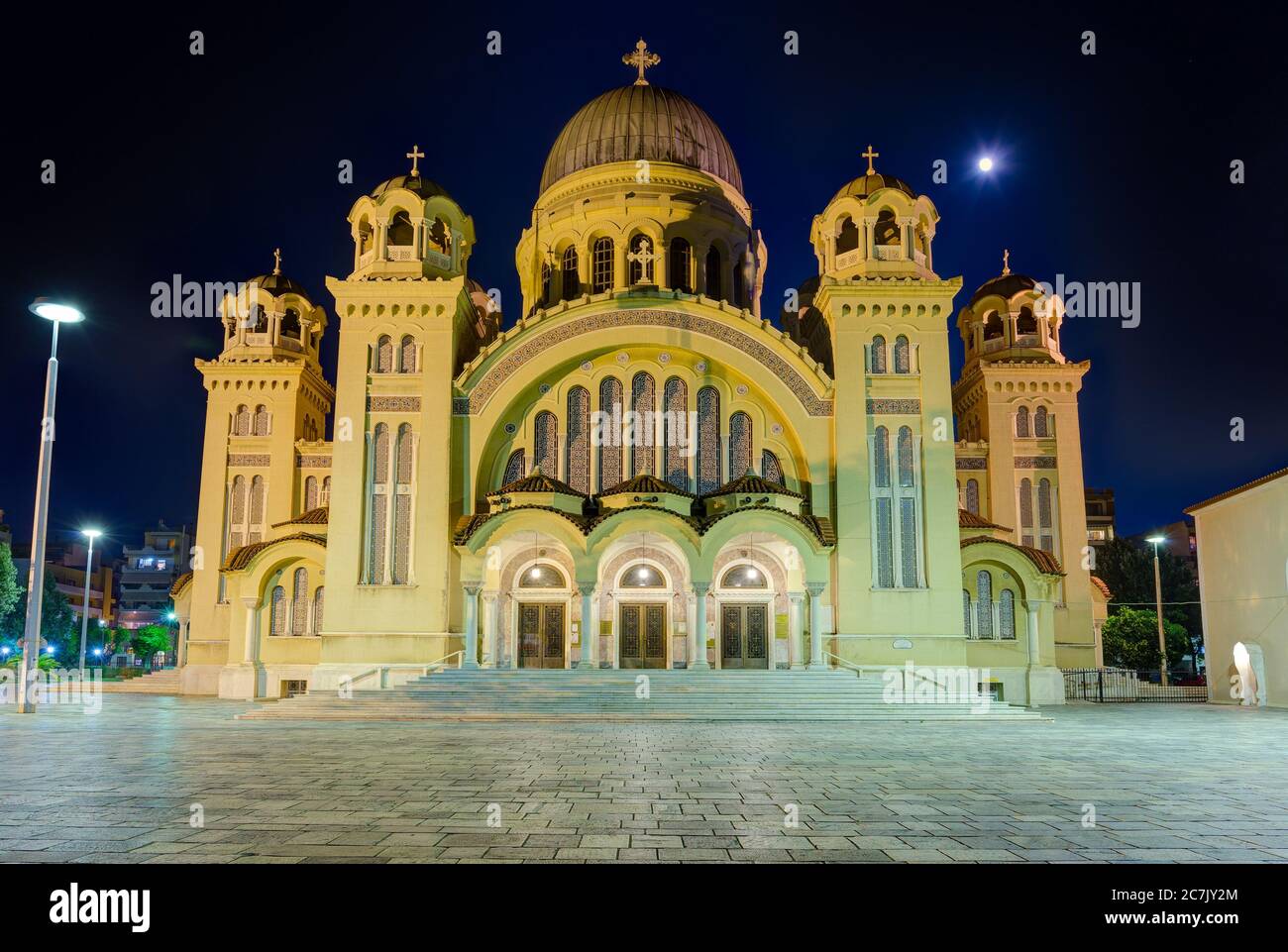 Saint Andrew basilica at night, the largest church in Greece, Patras, Peloponnese. Stock Photo