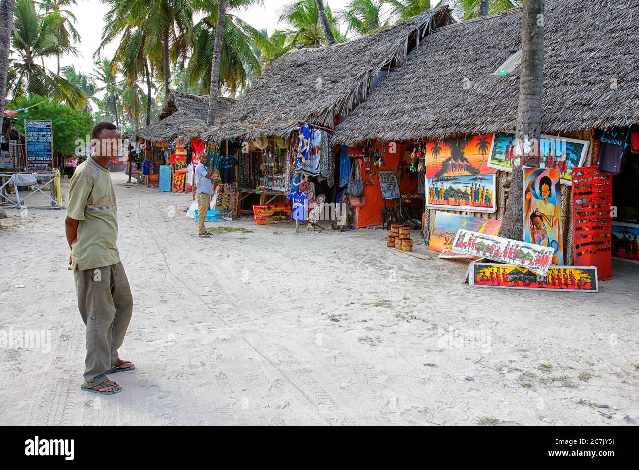 In the souvenir shops Zanzibar mainly handmade paintings are sold, Paje Beach, Zanzibar, Tanzania Stock Photo