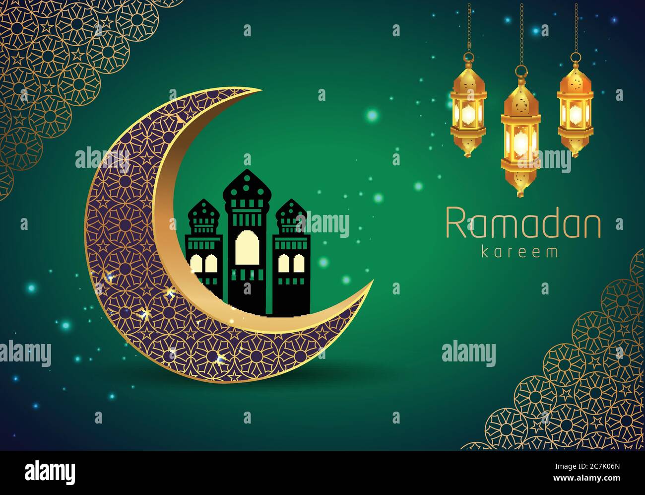 Ramadan Kareem greeting card design with half moon and mosque on green background.Hanging stars Stock Vector