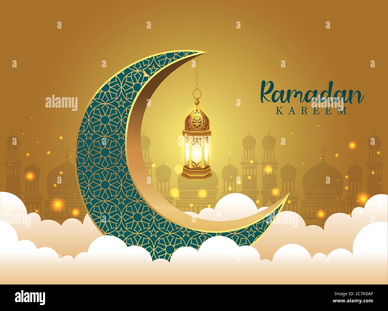 Crescent Islamic with Lantern for Ramadan Kareem. Golden Pattern Half Moon, Lamp - Illustration raster Stock Vector