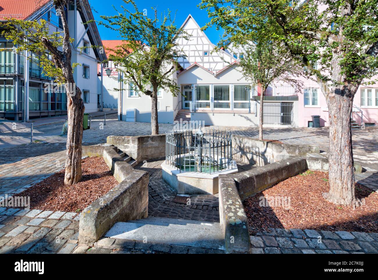 House facades, Fountain, square, old town, Weissenburg, Franconia, Bavaria, Germany Stock Photo