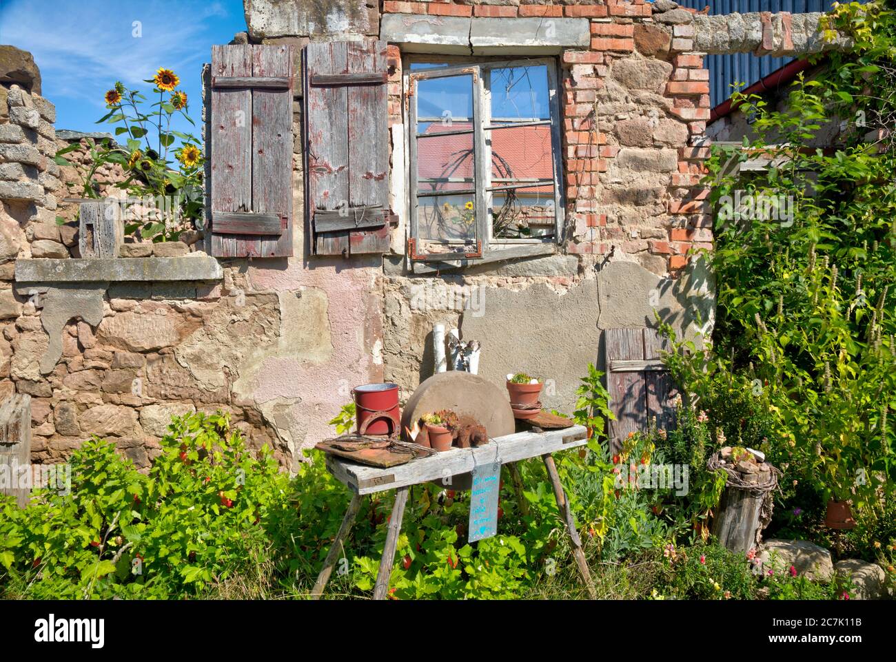 Window Grindstone House facade, Sunflowers, window, grindstone, garden, still life ...