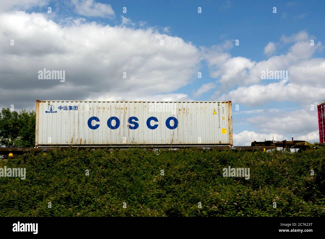 Cosco shipping container on a freightliner train, Warwickshire, UK99 Stock Photo
