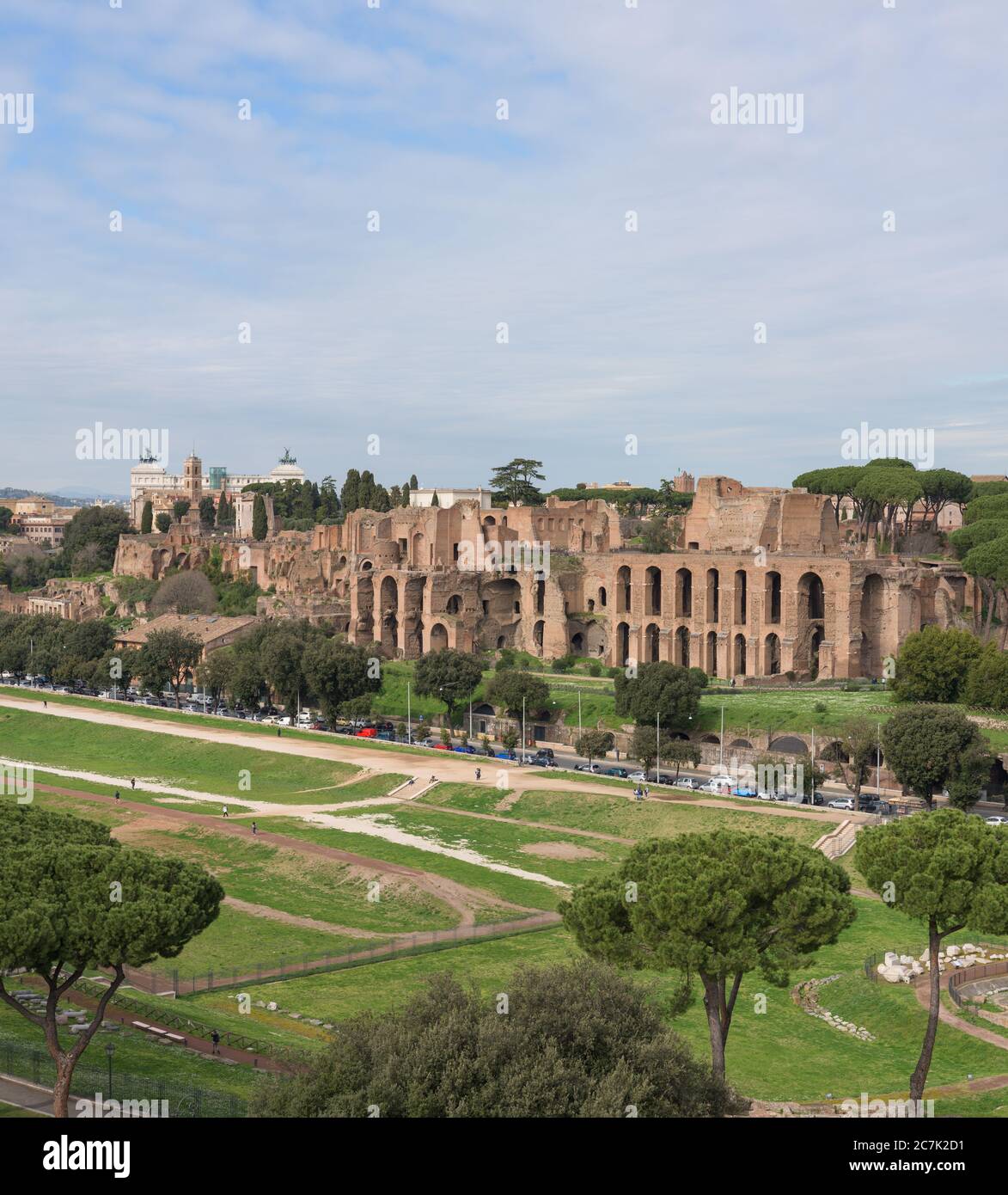 View Of The Ancient Roman Circo Massimo Hippodrome Theater With The Ruins Of The Palace Of Domitian On The Palatine Hill In Rome Italy Stock Photo Alamy