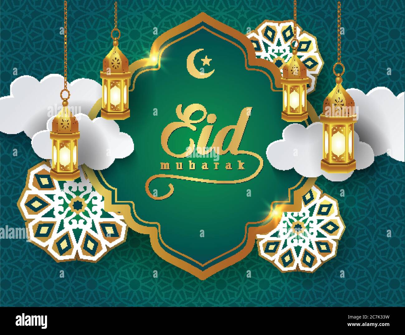 eid mubarak vector card with 3d golden arabic lantern, crescent, white ...