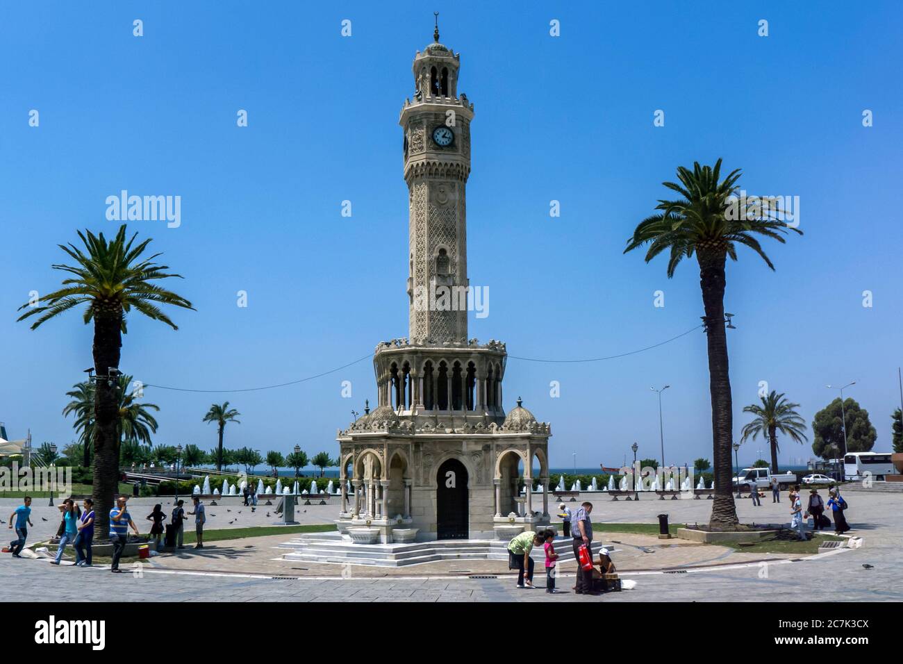 The famous Clock Tower located in Konak Meydani (square) in the Konak district of Izmir in Turkey. It was built in 1901 of Ottoman design. Stock Photo