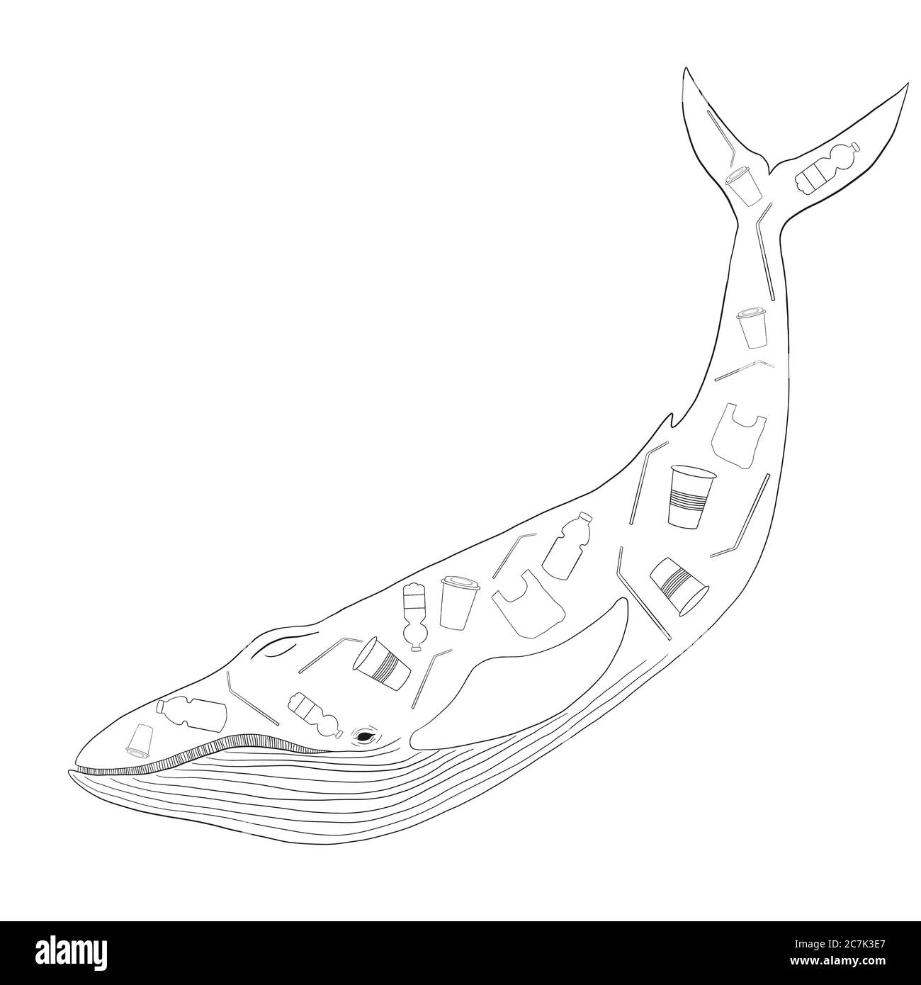 Stop plastic pollution in oceans concept. Whale with plastic garbage inside. Environmental problem - sea fish feeds plastic trash. Hand drawn illustra Stock Photo