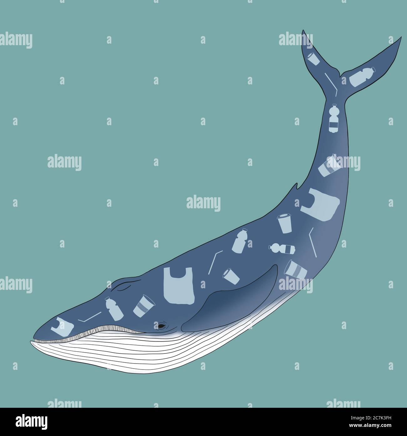 Stop plastic pollution in oceans concept. Blue whale with plastic waste inside. Ecological problem - sea fish feeds plastic garbage Stock Photo