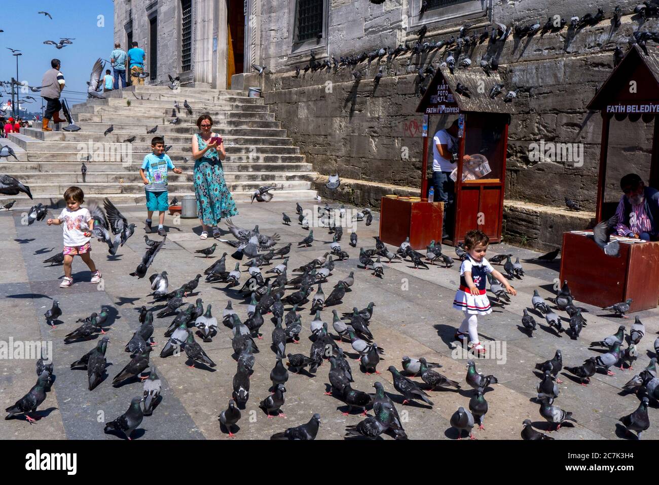 Children try to catch pigeons gathered next to the Yeni Camii in the Eminonu district of Istanbul in Turkey. This mosque is over 400 years old. Stock Photo