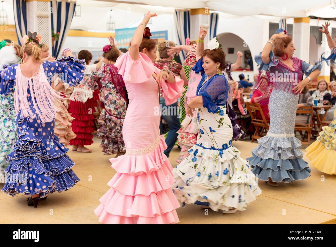 Flamenco, dancers, casetas, Marquees, La Feria de Primavera, festival,  traditional costume, tradition, culture, customs, El Puerto de Santa Maria,  Andalusia Stock Photo - Alamy