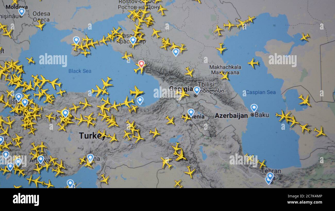 air traffic over Turkey, Georgia, Armenia, Azerbaijan, (17 july 2020,UTC 14.56)  on Internet with Flightradar 24 site, during the Coronavirus Pandemic Stock Photo