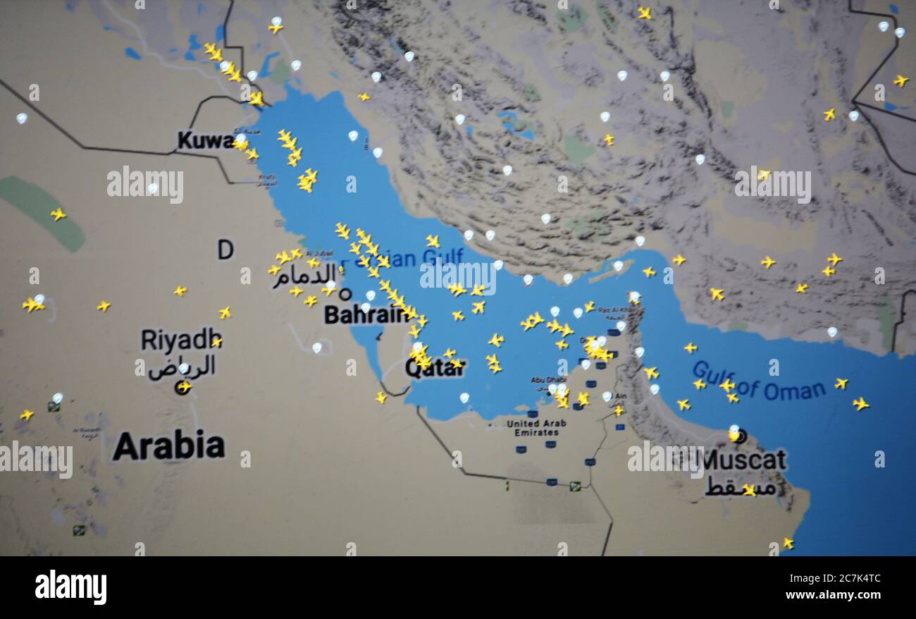 air traffic on Persian gulf  and Oman gulf (17 july 2020, UTC 20.32), on Internet with Flightradar 24 site, during the Coronavirus Pandemic Stock Photo