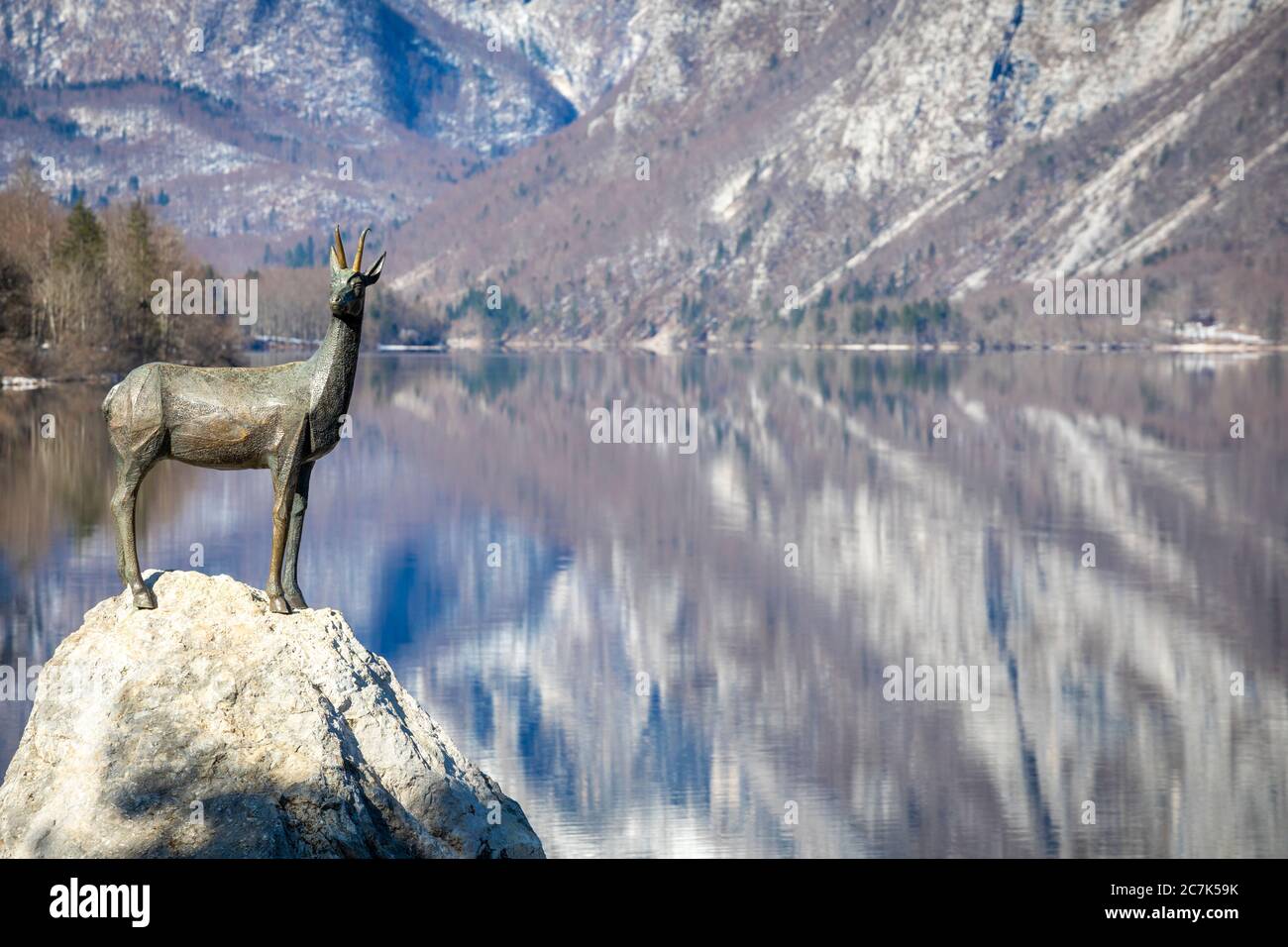 Bohinj lake, the statue of Zlatarog, the legendary chamois with golden horns, Ribcev Laz, Upper Carniola, Triglav National Park, Slovenia Stock Photo
