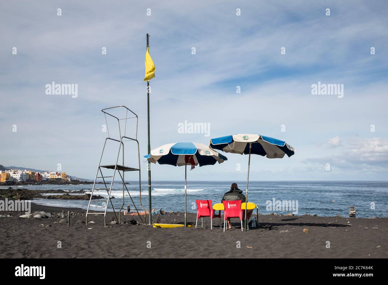 Lifesaver on Playa Jardin beach, Puerto de la Cruz, Tenerife, Canary Islands, Spain Stock Photo