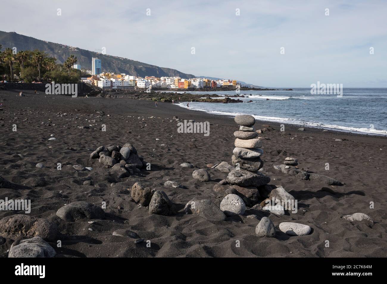 Stone tower on Playa Jardin beach, Puerto de la Cruz, Tenerife, Canary Islands, Spain Stock Photo