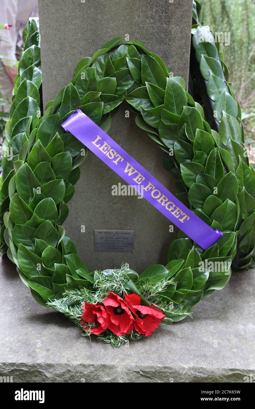 Wreaths laid at a memorial at the traditional Remembrance Day service at Ultimo TAFE in Sydney. Stock Photo