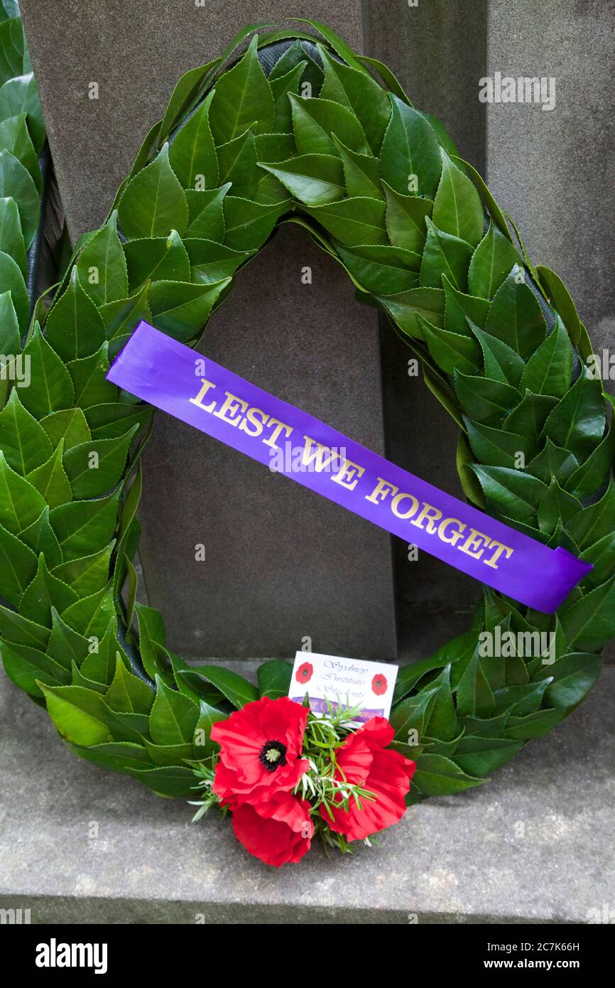 Wreaths laid at a memorial at the traditional Remembrance Day service at Ultimo TAFE in Sydney. Stock Photo