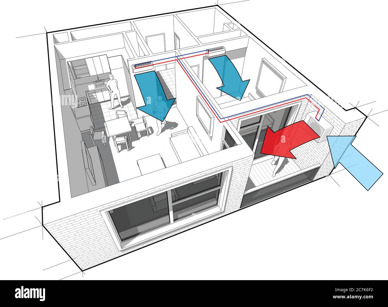 Perspective cut-away diagram of a 1-bedroom apartment, completely furnished with 2x indoor wall air conditoner and external unit situtead on the balco Stock Vector