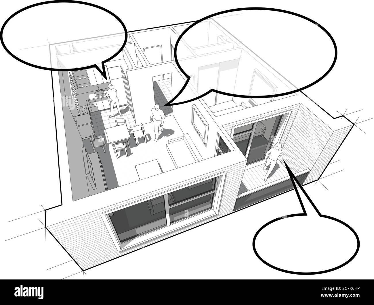 Perspective cut away diagram of a one bedroom apartment completely