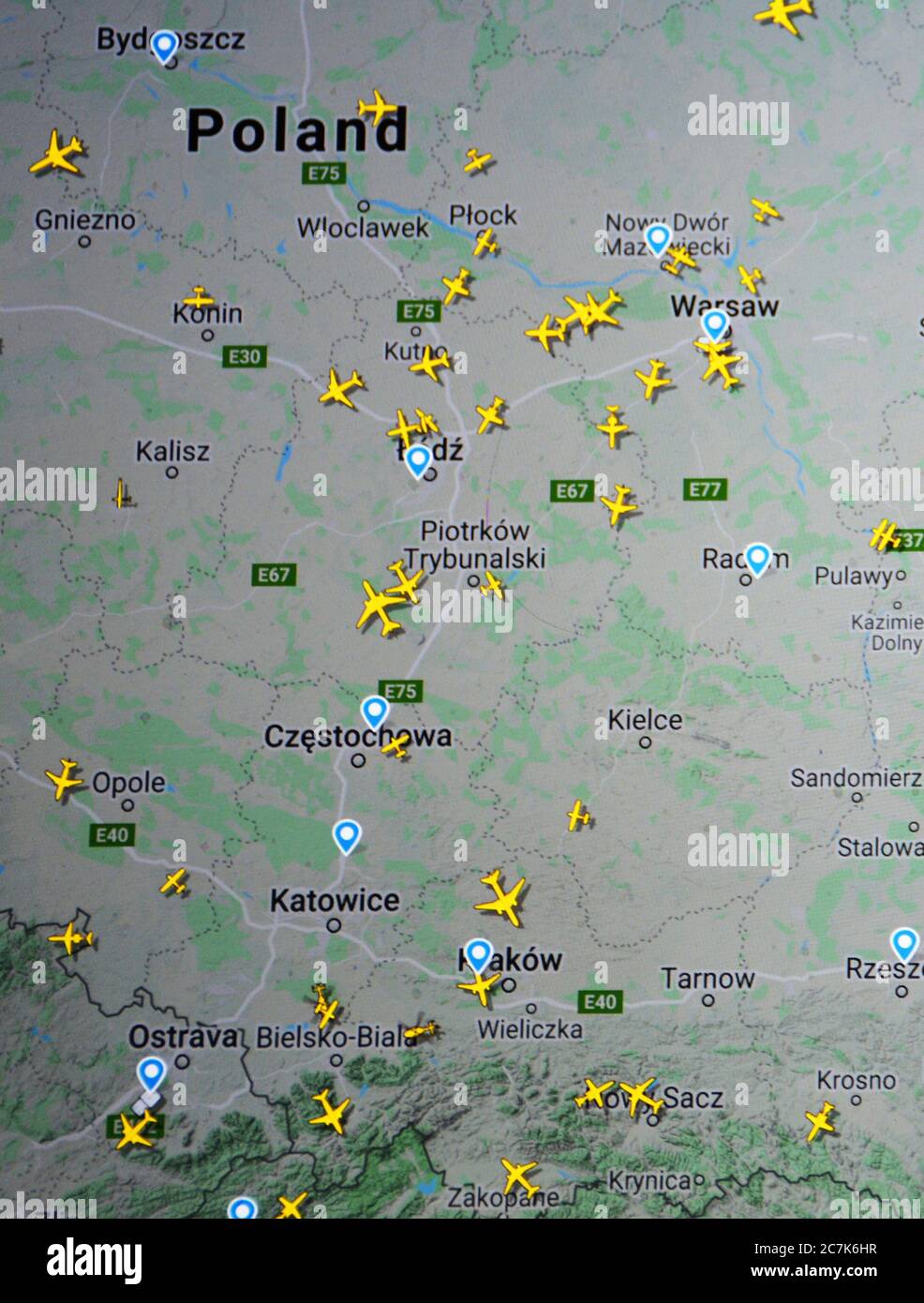 air traffic on Poland (17 july 2020, UTC 16.42) on Internet with Flightradar 24 site, during the Coronavirus Pandemic Stock Photo