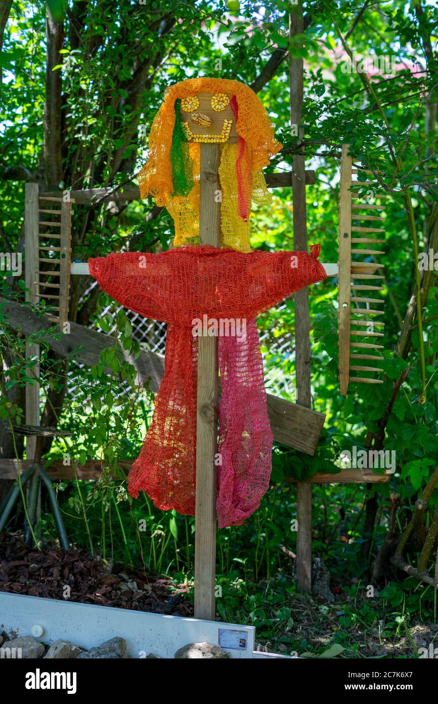 Home made, DIY, colourful scarecrow in the garden trying to scare