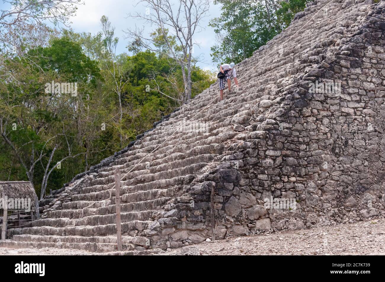Coba, Mexico - May 16, 2011: Steep stairs of the pyramid at the Maya ruins at Coba, Mexico. Stock Photo